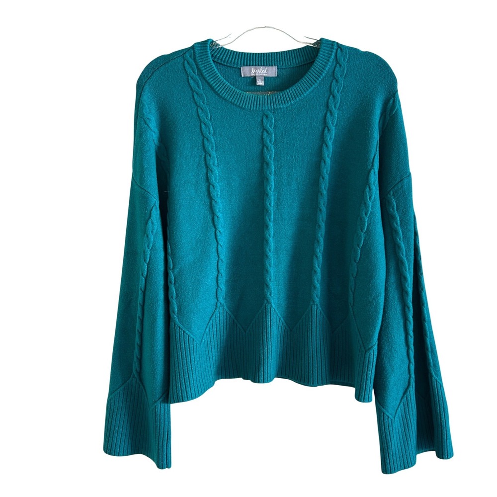 Marled Reunited Clothing Teal Green Cable Knit Bell Sleeve Sweater‎ XL Womens